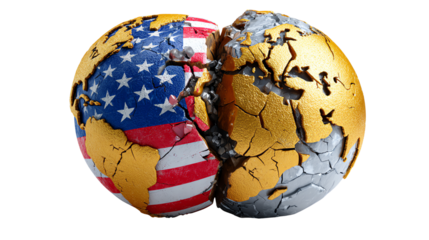 Global Divide: A symbolic representation of the world split into two halves, one adorned with the American flag and the other in gold, representing division and global themes. 