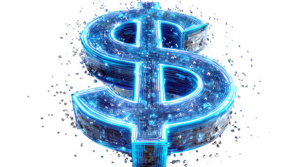 Digital Dollar: A futuristic rendition of a dollar sign glows with a vibrant blue aura, surrounded by shimmering particles, representing the digital transformation of currency.