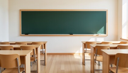 An empty classroom, illuminated by sunlight from the window, with wooden desks and a green chalkboard.