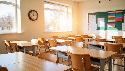 Empty classroom with wooden desks and sunlight filtering through windows  