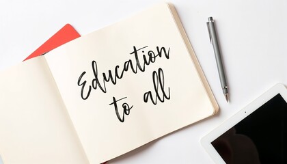 Handwritten quote "Education to all" in open notebook with pen  