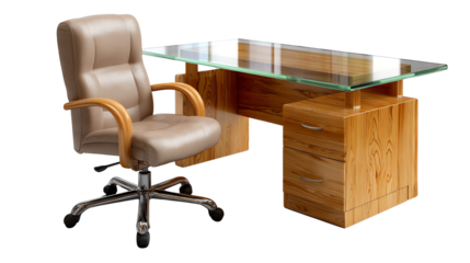 Office Furniture Elegance: A stylish office space adorned with a sleek, contemporary desk featuring a glass surface. A comfortable, executive chair with a tan leather finish complements the desk.