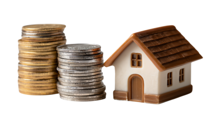 Dream Home Investment: Miniature house symbolizes the aspiration of homeownership, standing alongside stacks of gold and silver coins, symbolizing financial investment and stability.