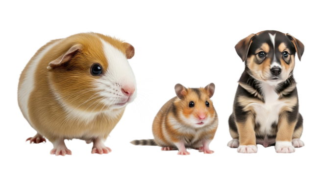Cute guinea pig, hamster, and puppy sitting side by side on white background, perfect for pet care and animal lover projects