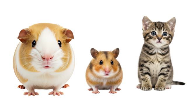 Cute guinea pig, hamster, and tabby kitten lined up on white background, perfect for pet care and animal lover content