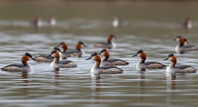 A flock of common merganser ducks swimming gracefully on a calm lake surface.