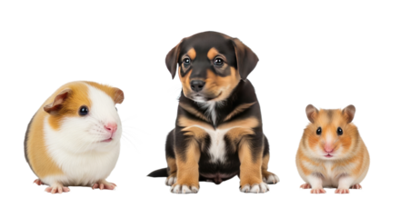 Cute guinea pig, puppy dog, and hamster together isolated on white background, adorable pets in a row, perfect for pet care themes