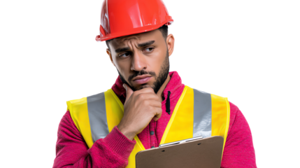 Contemplative Construction Professional: A construction worker, wearing a hard hat and reflective vest, thoughtfully examines a clipboard, deep in consideration.
