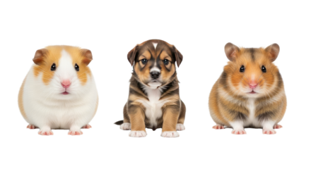 Cute guinea pig, puppy, and hamster isolated on white background, adorable small pets, perfect for pet care and animal lovers
