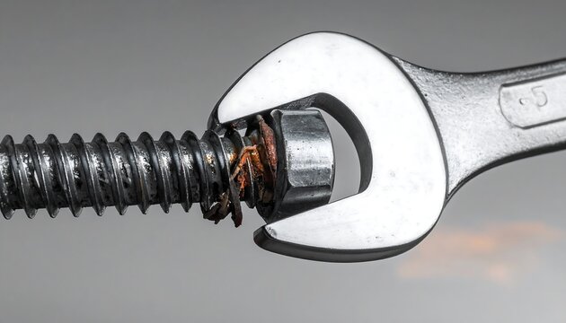Wrench tightening a nut on a threaded rod.