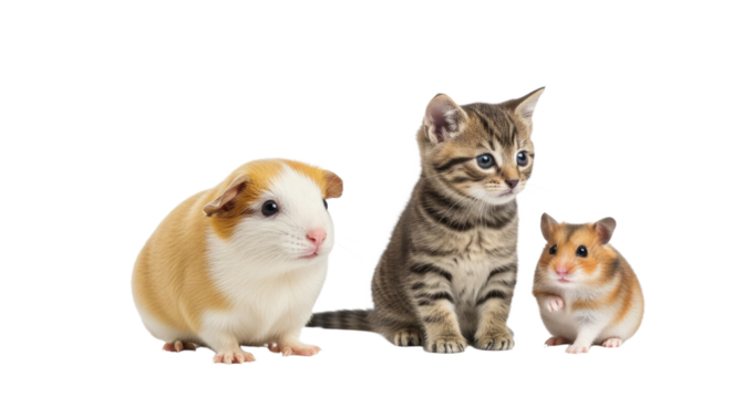 Cute guinea pig, tabby kitten, and hamster together on white background, adorable small pets perfect for pet lovers and animal care content