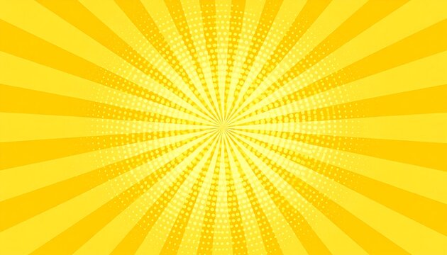 Yellow burst background with radial lines and halftone dots.