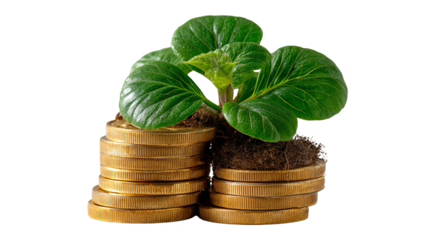 Money Growing: A young plant, symbolizing growth and prosperity, sprouts from a stack of golden coins, illustrating the concept of financial growth and investment.