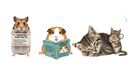 Cute hamster and guinea pig reading books with a playful kitten and squirrel on black background, perfect for pet care and animal education