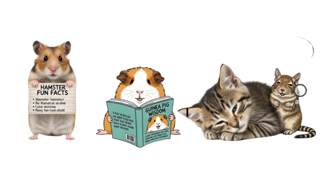 Cute hamster and guinea pig reading books with a playful kitten and squirrel on black background, perfect for pet care and animal education - Powered by Adobe