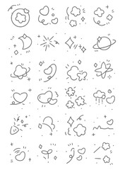 Naklejka premium A whimsical collection of hand-drawn celestial bodies, hearts, and playful abstract shapes, perfect for adding a touch of charm to any design