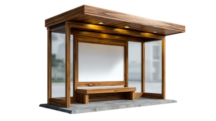 Modern Bus Stop: A sleek and contemporary bus stop with a wooden frame provides shelter and a place for commuters to rest while they await their ride.