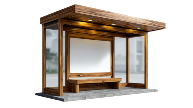 Modern Bus Stop: A sleek and contemporary bus stop with a wooden frame provides shelter and a place for commuters to rest while they await their ride.