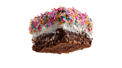Delectable Treat: A delectable square of brownie is exquisitely frosted with a soft cream layer, and then lavishly adorned with colorful sprinkles, creating a treat. 