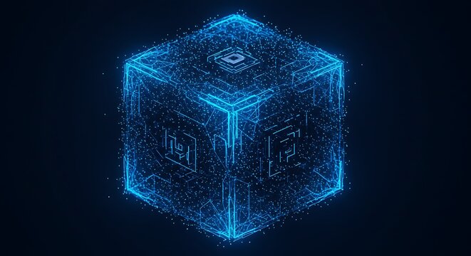 Abstract Glowing Blue Cube with Digital Circuitry on Dark Background.