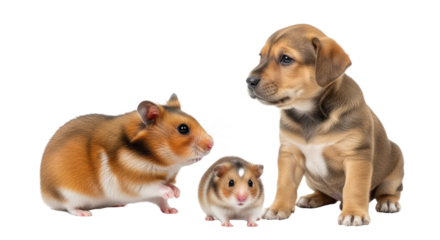 Cute hamster and puppy sitting together isolated on white background, adorable small pets friendship concept, perfect for pet care and animal lovers