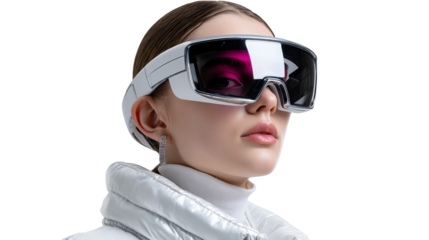 Visionary Gaze: A young woman is showcased, wearing high-tech eyewear. Her gaze hinting at the possibilities within virtual reality and augmented experience.