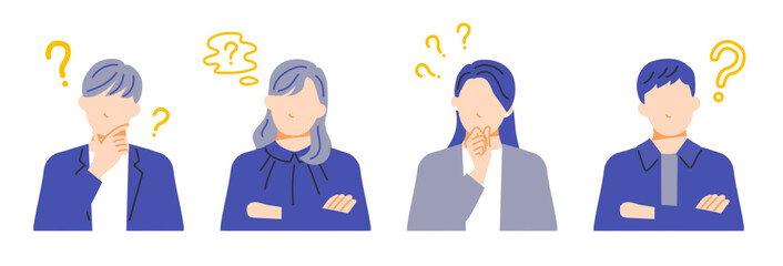 それぞれ疑問に思っている４人の男女の表情イラストセット。フラットデザイン