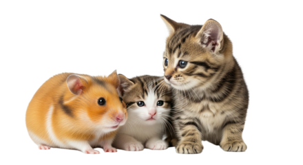 Cute hamster and two kittens sitting together isolated on white background, adorable pets and baby animals, perfect for pet care and animal themes