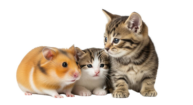 Cute hamster and two kittens sitting together isolated on white background, adorable pets and baby animals, perfect for pet care and animal themes