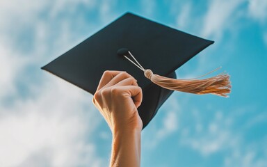 Raised Hand Holding a Graduation Cap Outdoors Under a Bright Blue Sky