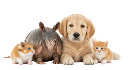Cute hamster, armadillo, golden retriever puppy, and orange kitten sitting together on white background, adorable pets and animals perfect for pet care content