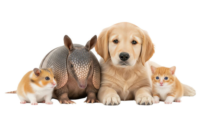 Cute hamster, armadillo, golden retriever puppy, and orange kitten sitting together on white background, adorable pets and animals perfect for pet care content