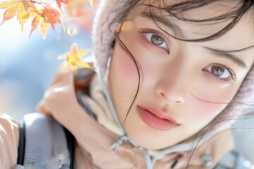 紅葉の中トレッキングをする若い日本女性