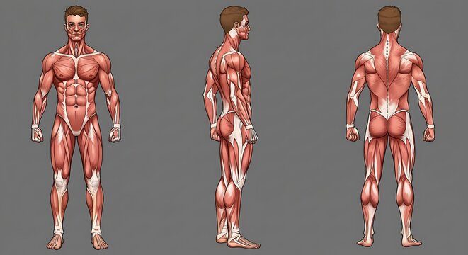 Anatomical Illustration of Human Musculature from Front, Side, and Rear Views.