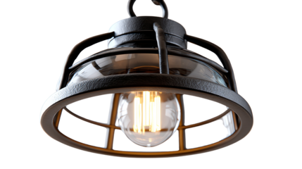 Vintage Industrial Light Fixture: A captivating close-up of a vintage industrial light fixture with a retro style, featuring an exposed light bulb within a metal cage.