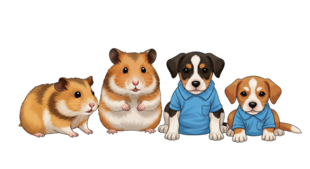 Cute hamsters and puppies sitting together, adorable pets in a row, perfect for pet care and animal lover content