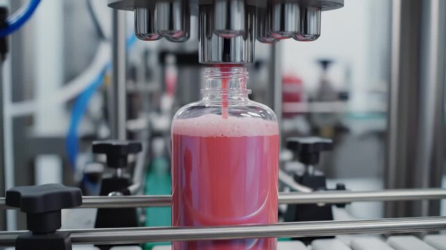  Automated filling head dispensing creamy pink cosmetic lotion into a clear glass bottle on a cleanroom production line, volumetric dosing for skincare manufacturing with conveyor rails