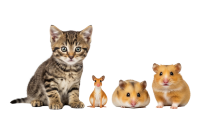 Cute kitten with small hamster and mouse pets isolated on white background, adorable furry animals perfect for pet care or animal lovers