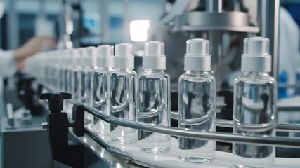 Rows of clear cosmetic spray bottles with white pump caps traveling on an automated conveyor in a cleanroom packaging line, filled with transparent toner or face mist