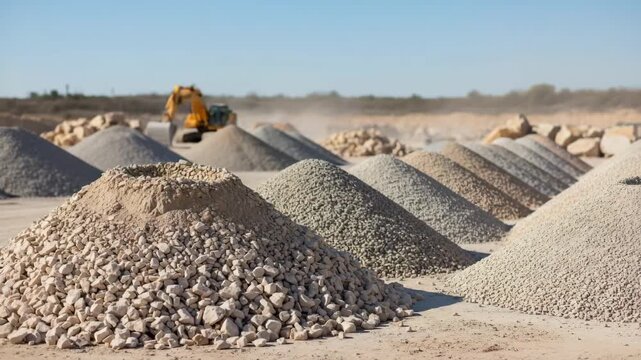 Medium shot highlighting the neat arrangement of sorted limestone piles with visible size differences for construction use.