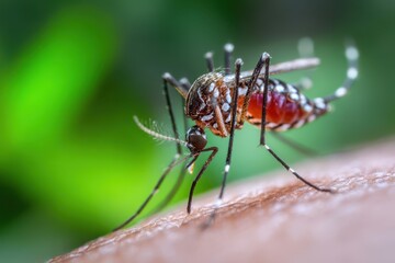 Aedes Aegypti Mosquito Feeding on Human Skin Close-Up Macro Photography