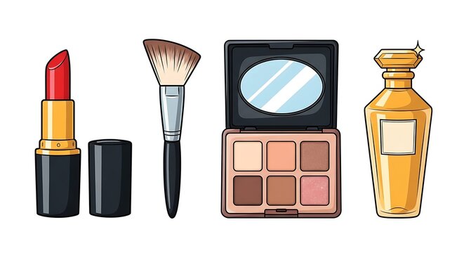 Illustration of red lipstick, makeup brush, eyeshadow palette, and golden perfume bottle on white
