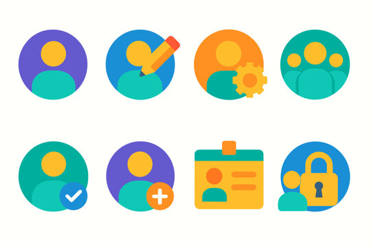 User Profiles flat icons: profile, edit, gear, group, verified, add user, ID card, lock.