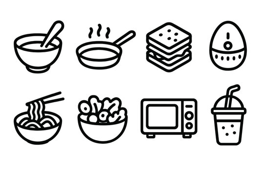 Quick Meals outline icon set: quick prep bowl, frying pan, sandwich stack, egg timer, noodle dish, salad icon, microwave, smoothie cup.