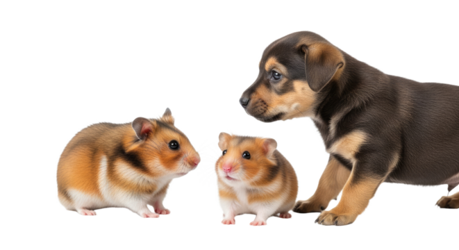 Cute puppy and two hamsters facing each other on white background, adorable small pets interacting, perfect for pet care and animal friendship themes