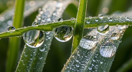 Close up of fresh green grass blades with sparkling dew drops reflecting light.