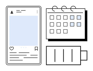 Social media post layout, calendar with highlighted dates, and battery icon. Ideal for productivity, planning, social media strategy, time management, content scheduling, digital lifestyle simple