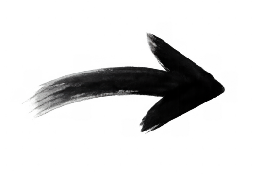 Black brush stroke arrow pointing right, textured grunge style ink paint element on transparent background