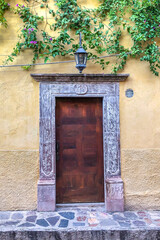 Wooden door with traditional Mexican frame on yellow wall with plants in Mexico