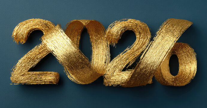 Elegant golden 2026 typography on dark blue background symbolizing luxury celebration and new year design